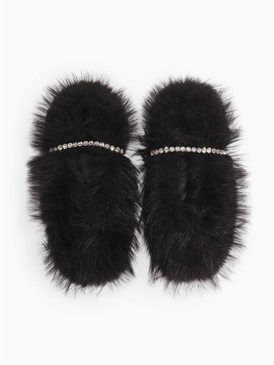 H&M Shoes - Black Faux Fur Slide with Crystal Strap